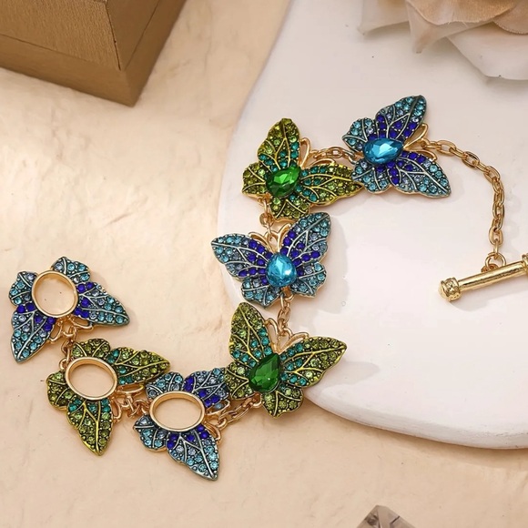 Blue Green Butterfly Fold Rhinestone Bracelet - Picture 3 of 4